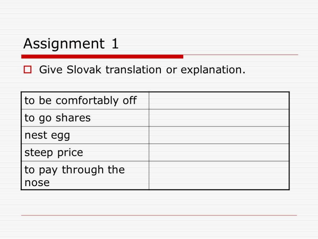 Assignment 1 Give Slovak translation or explanation.